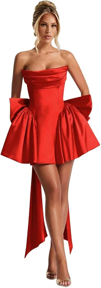 Satin Cowl Neck Homecoming Dresses for Teens 2025 with Bow Strapless Short Prom Cocktail Party Go... | Amazon (US)
