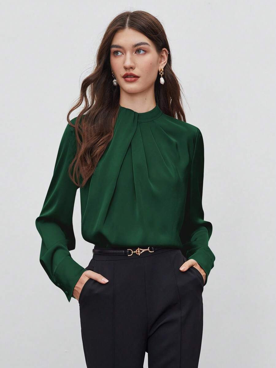 BizChic Women's Asymmetric Design Ruched Decor Loose Stand Collar Long Sleeve Top, Basic Minimali... | SHEIN