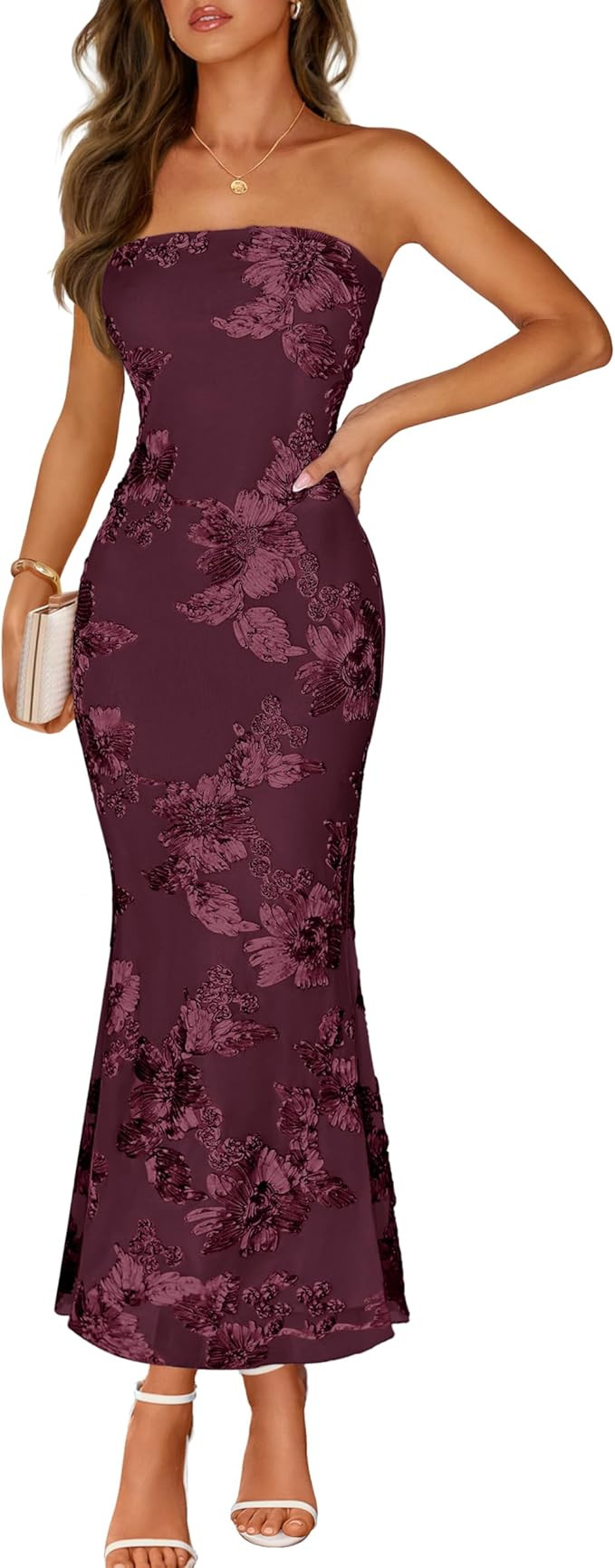 MEROKEETY Women's Floral Strapless Maxi Dress 2026 Summer Mesh Tube Bodycon Formal Wedding Guest ... | Amazon (US)