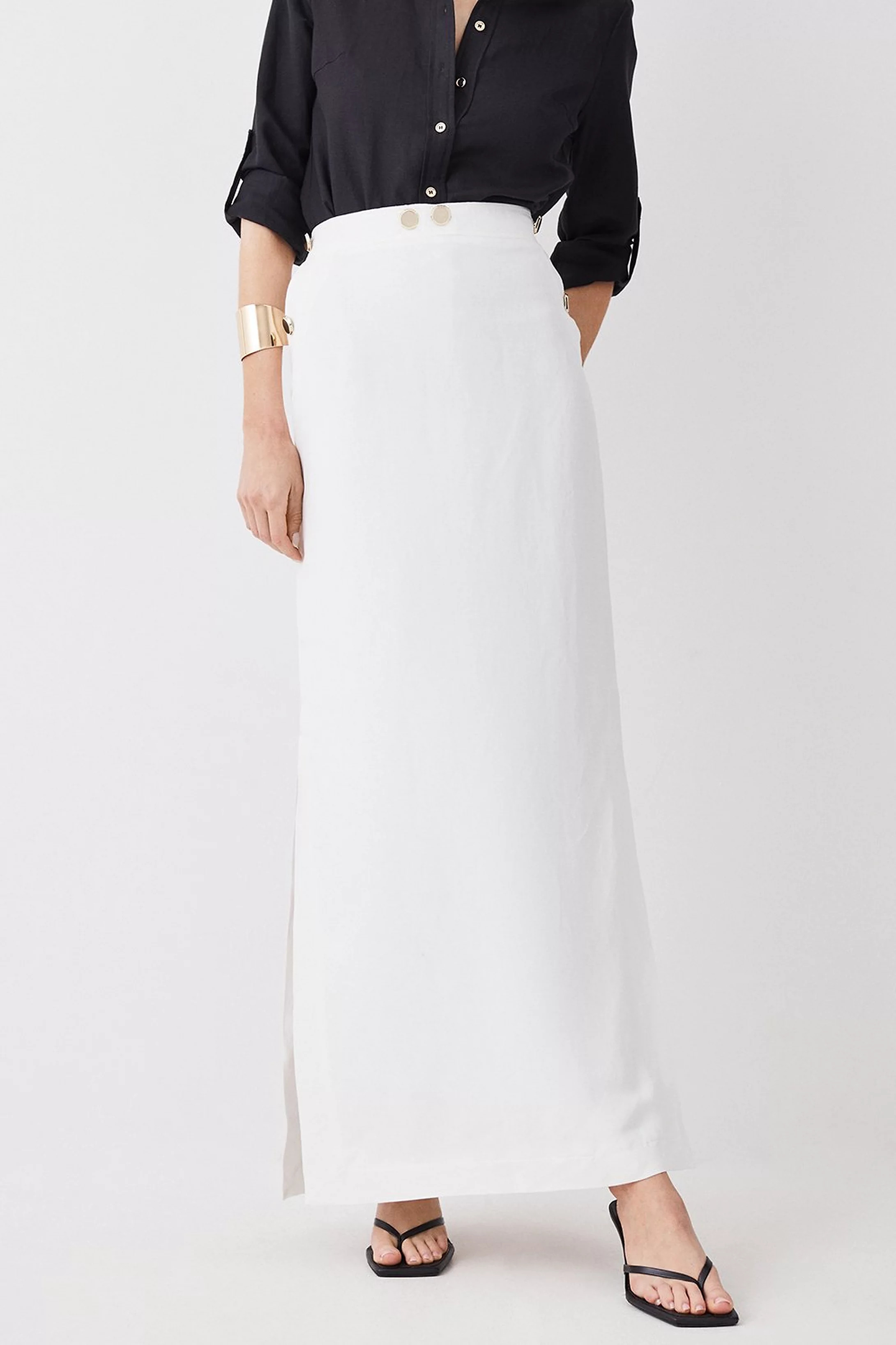 Linen Nautical Button Detail Midi Skirt | Karen Millen UK + IE + DE + NL