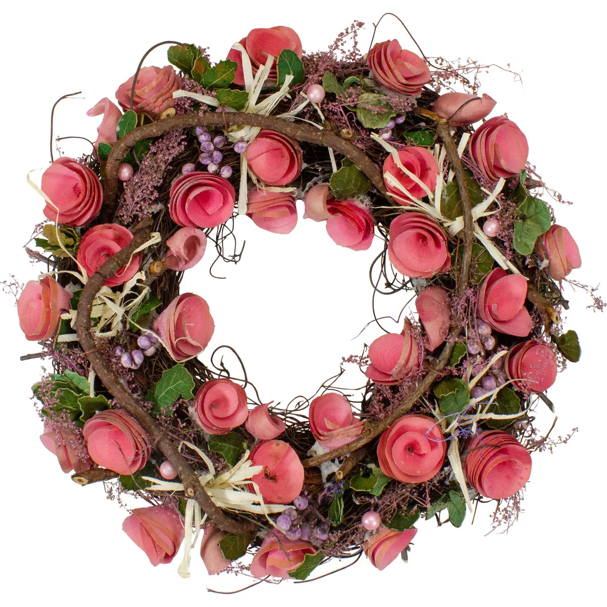 Northlight 12.5" Pink Flowers Berries Green Leaves and Twigs Artificial Floral Spring Wreath | Target