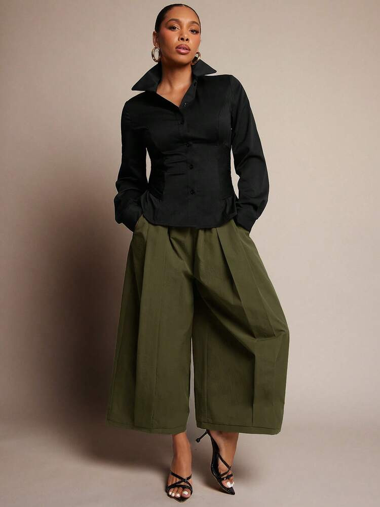 Vixey Elastic Waistband Panel Detail Culotte Office Pants | SHEIN
