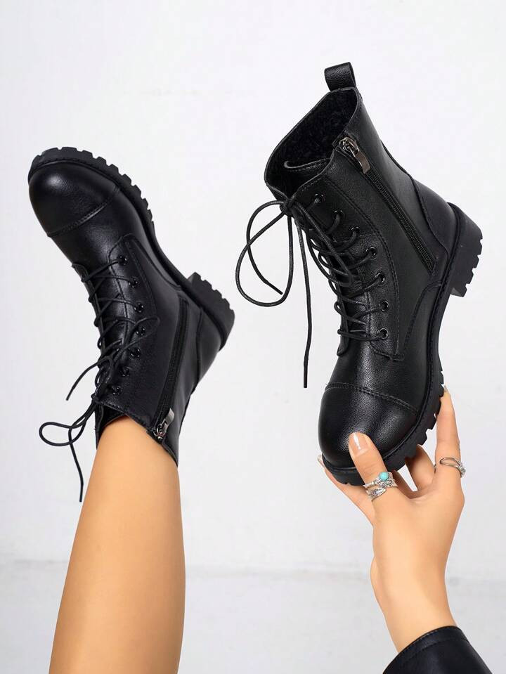 Women's Fashion Lace-Up Mid-Calf Boots, Motorcycle Boots, Casual Comfortable Boots With Side Zipp... | SHEIN