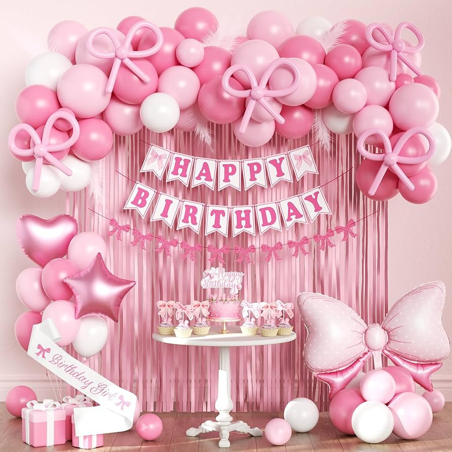 Pink Bow Birthday Decorations for Girls Women, Coquette Birthday Decorations, Fringe Curtain, Foi... | Amazon (US)
