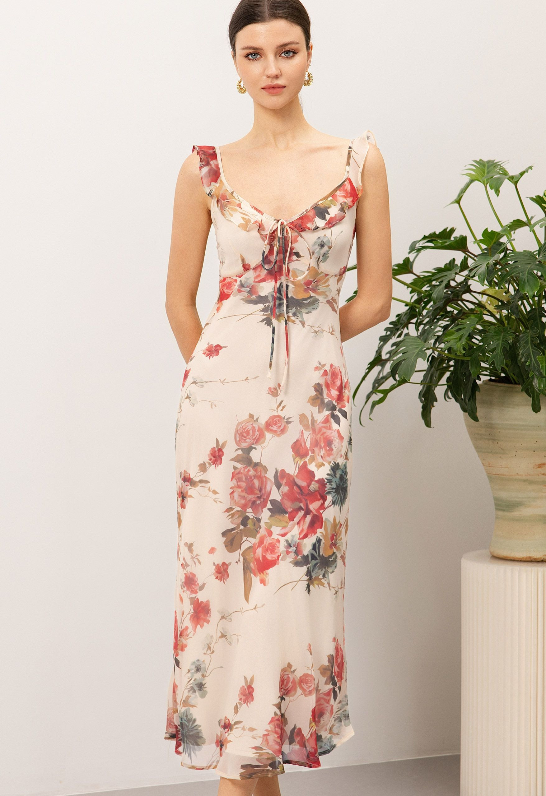 Wild Rose Print Tie-Front Chiffon Midi Dress for Holidays & Afternoon Tea | Chicwish