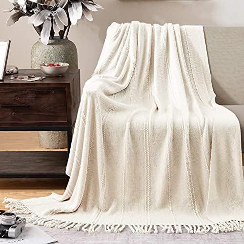 jinchan Ivory Throw Blanket Cable Knit Blanket for Sofa Bed Decor Lightweight Textured Throw with... | Amazon (US)