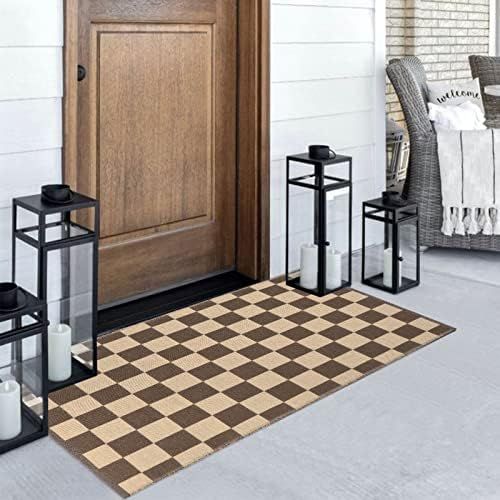 Checkered Outdoor Runner Rug ,2’ x 4’ Brown Retro Reversible Plaid Outdoor Doormat Moroccan Washable | Amazon (US)