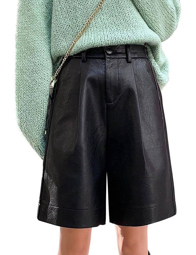 HaoMay Women's Elastic High Waist Wide Leg Pleated PU Faux Leather Shorts | Amazon (US)