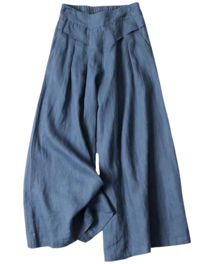 Arssm Women Linen Wide Leg Palazzo Capri Pants Casual Elastic Waist Culottes Trousers with Pockets | Amazon (US)