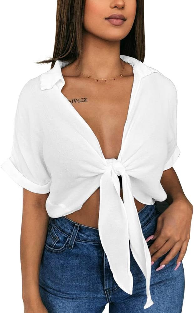 GOBLES Womens Summer Short Sleeve Shirts V Neck Tie Knot Batwing Blouses Tops | Amazon (US)