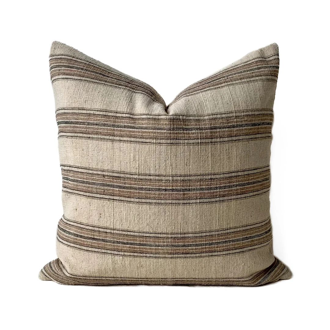 Tan, Black and Brown Stripe Pillow, Handwoven Wool Pillow Cover, Designer Wool Pillow, Modern Far... | Etsy (US)