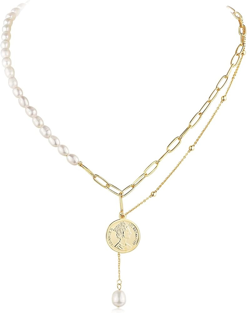 Natural Freshwater Pearl Necklace for Women Layered Necklaces for Women 14K Gold Plated Paperclip... | Amazon (US)