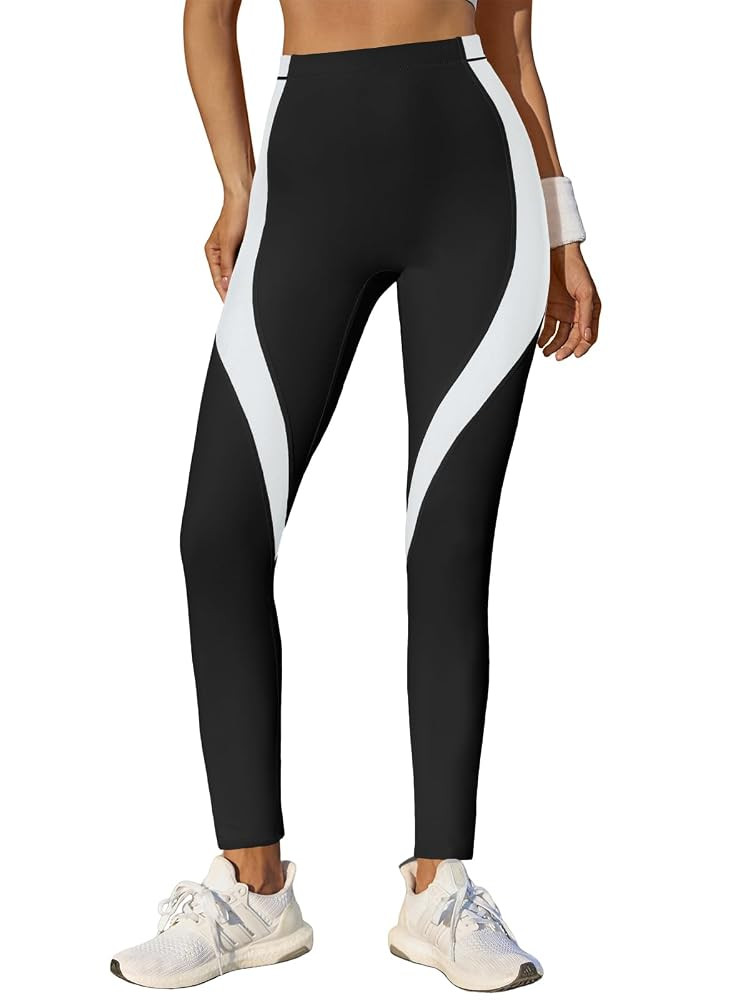 Fisoew Womens High Waisted Leggings Color Block Yoga Pants Workout Running Stretchy No See Throug... | Amazon (US)