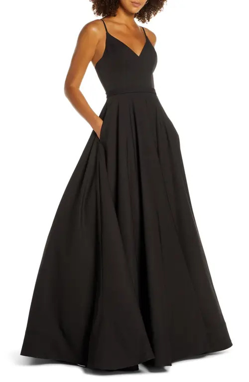 Mac Duggal V-Neck Crepe Ballgown in Black at Nordstrom, Size 16 | Nordstrom