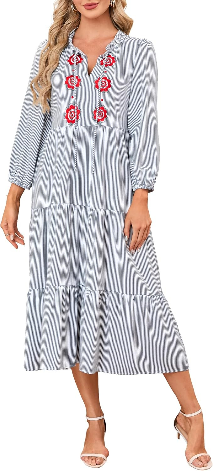 Women’s Striped Maxi Dresses Casual Tie Neck Floral Embroidery Flowy Tiered Boho Long Beach Dre... | Amazon (US)