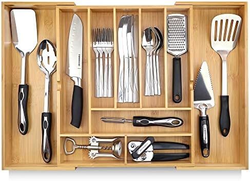 Pristine Bamboo Silverware Organizer - Expandable Kitchen Drawer Organizer - Adjustable Kitchen D... | Amazon (US)