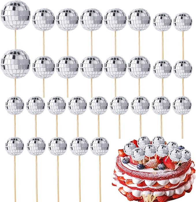 30 Pieces Disco Ball Cupcake Toppers Mini Disco Ball Picks Disco Theme Cake Toppers for Cake Deco... | Amazon (US)