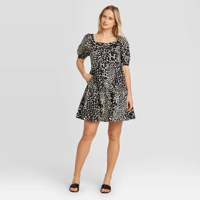 Women's Leopard Print Puff Short Sleeve Dress - Who What Wear™ Black | Target