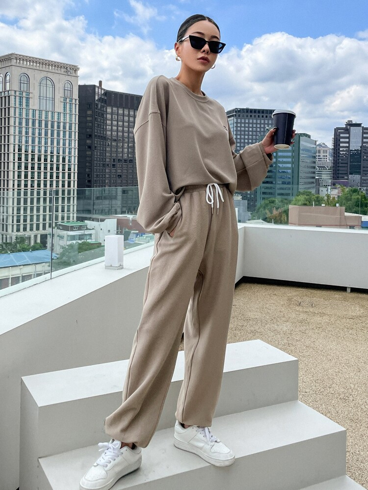 DAZY Drop Shoulder Pullover & Drawstring Waist Sweatpants | SHEIN