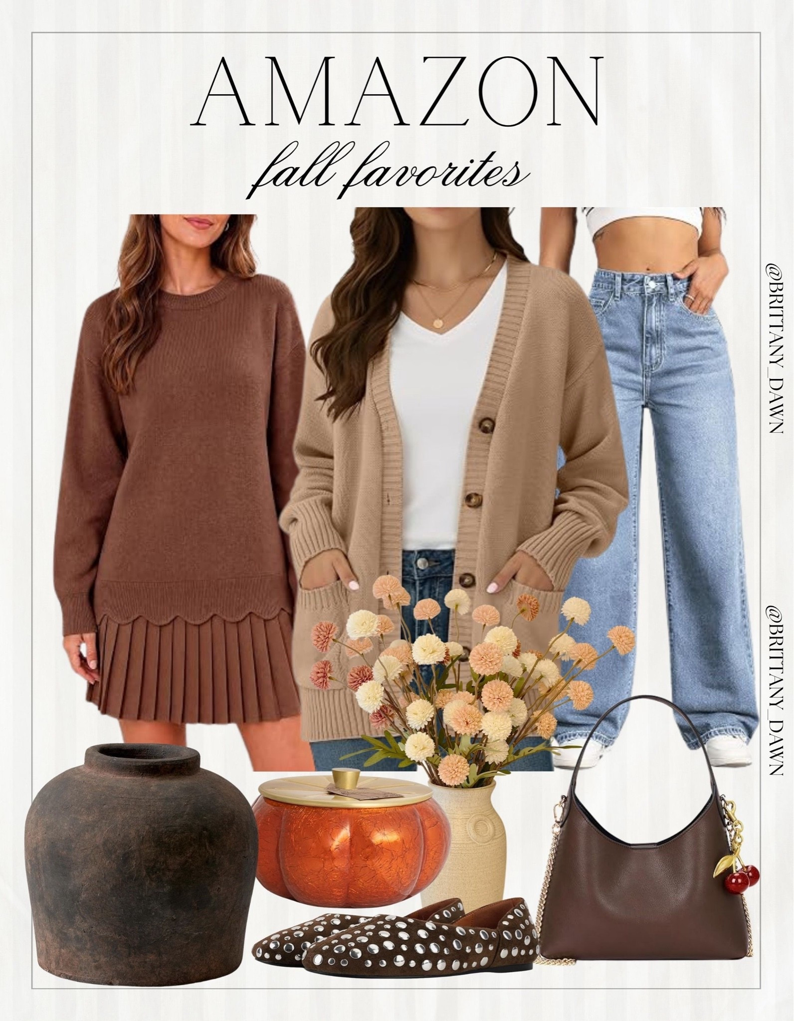 Amazon fall staples! 🍂

I styled a brown long-sleeve sweater dress with a scalloped hem alongside a beige button-front cardigan layered over a white tee with wide-leg light jeans.

I added studded flats, a brown shoulder bag, a rustic jar, and a pumpkin candle for cozy vibes. ✨

#AmazonFashion #AmazonHome #FallFavorites #LTKfall #AutumnVibes #CozyStyle #OOTD #DecorInspo

#LTKSeasonal #LTKHome #LTKootd