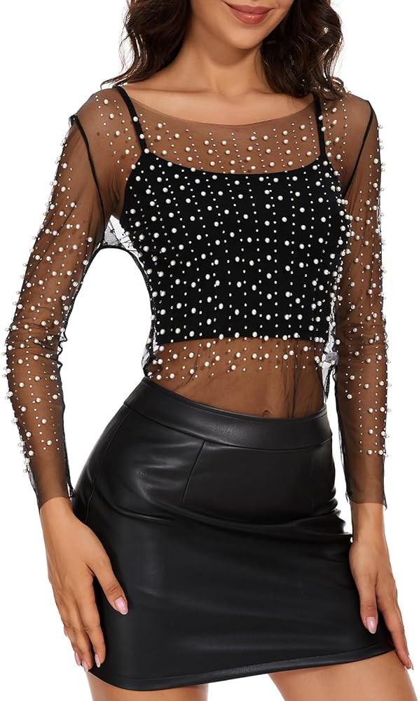Zando Women Pearl Rhinestone Top See Through Tops Long Sleeve Mesh top Going Out Tops Beaded Shir... | Amazon (US)