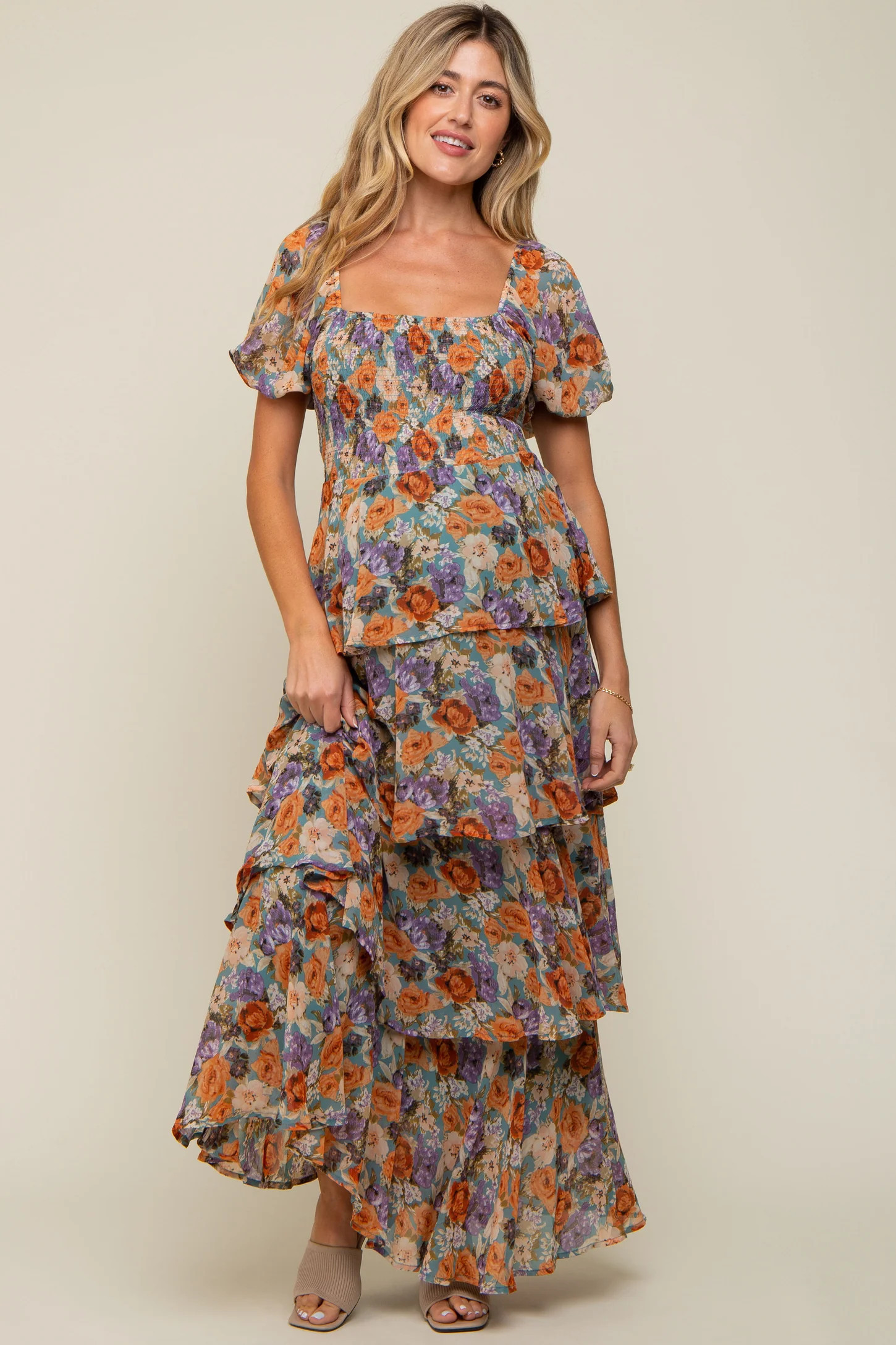 Blue Floral Smocked Square Neck Ruffle Layered Maternity Maxi Dress | PinkBlush Maternity