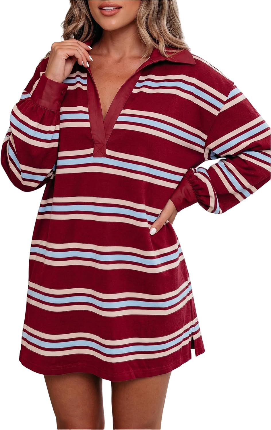 MARZXIN Short Dresses for Women Red Stripe Retro Polo Collar Long Sleeve T Shirt Shift Mini Dress | Amazon (US)