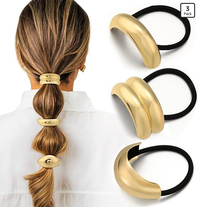 3PCS Gold Hair Ties, Metal Hair Ties for Thick Hair, Elegant Durable Geometric Design, Gold Hair ... | Amazon (US)