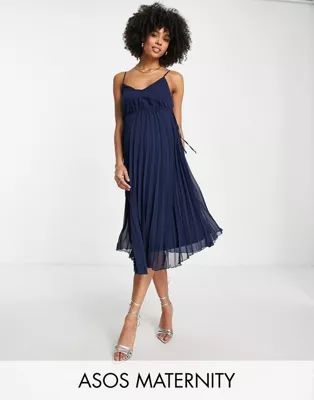 ASOS DESIGN Maternity pleated cami midi dress with drawstring waist in navy | ASOS (Global)