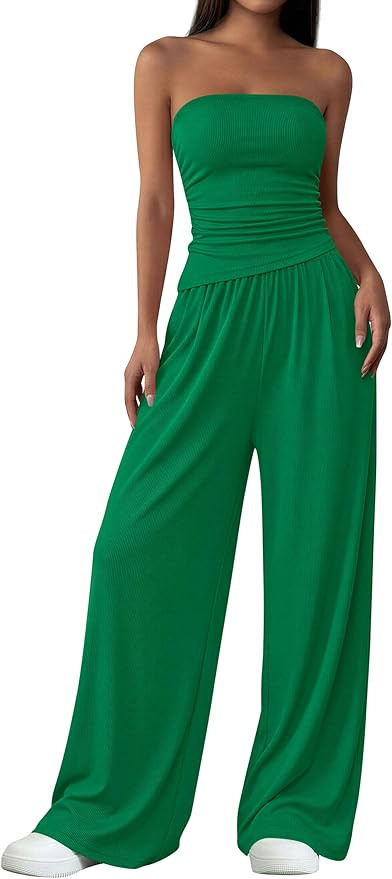 PRETTYGARDEN Womens 2 Piece Set Summer Outfits 2026 Asymmetrical Ruched Tube Top and Wide Leg Pan... | Amazon (US)
