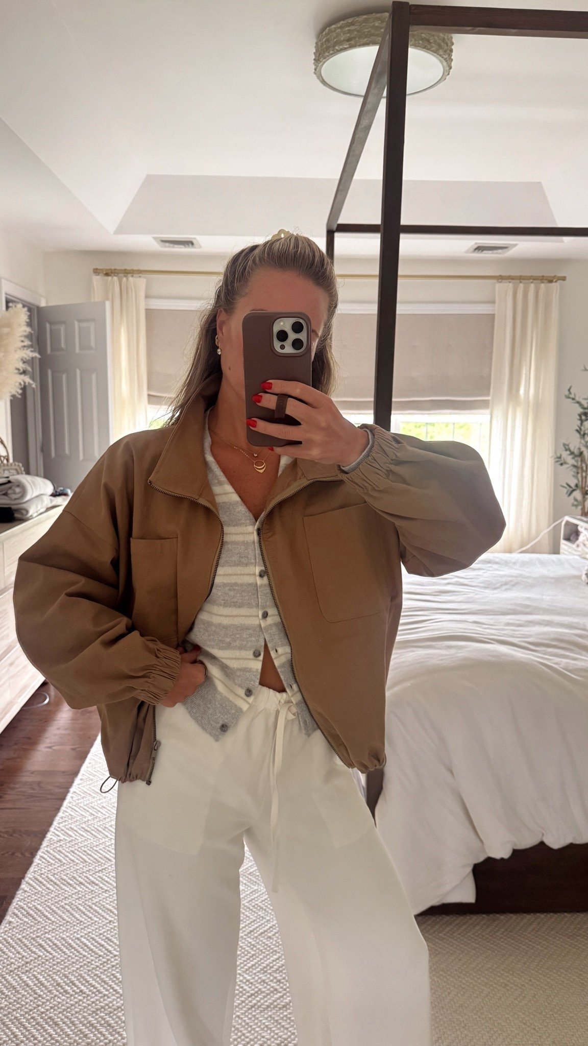 Lightweight jacket wearing size, medium, Aritzia cardigan, and Aritzia Lodge pants