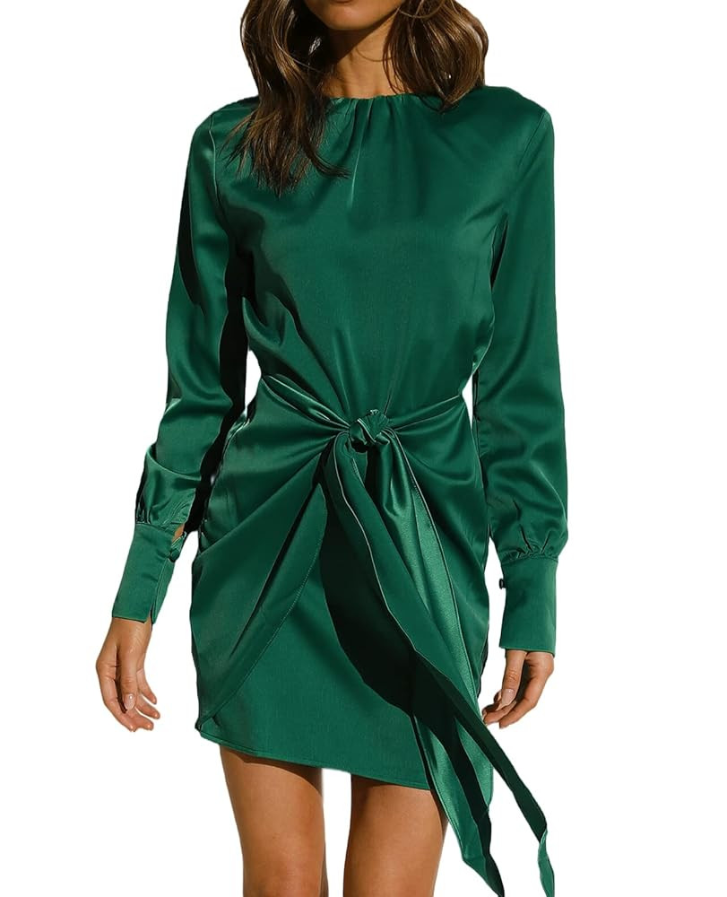 R.Vivimos Women's Satin Dress Long Sleeve Casual Wrap Ruched Tie Waist Party Mini Dress | Amazon (US)