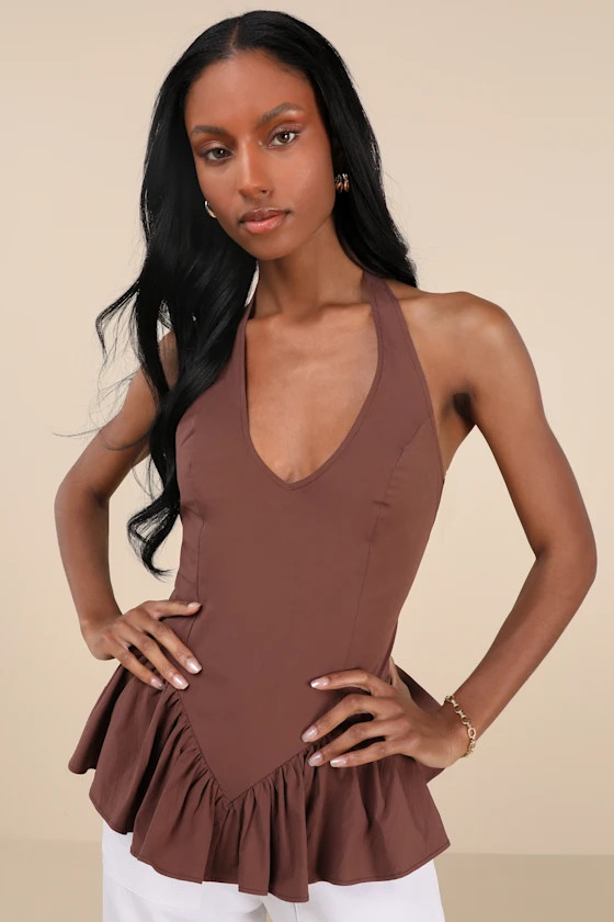 Casually Exquisite Brown Ruffled Halter Peplum Top | Lulus