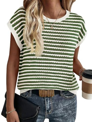 Saodimallsu Womens Short Sleeve Sweater Summer Striped Crochet Tops Casual Cap Sleeve Crewneck Kn... | Amazon (US)