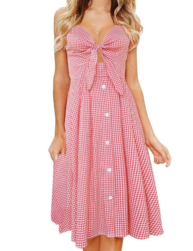 FANCYINN Womens Floral Prints Tie Front Button Down Spaghetti Strap Midi Dress | Amazon (US)