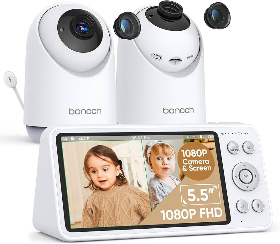 bonoch 5.5” 1080p Baby Monitor with 2 Cameras, Split-Screen Baby Monitor No WiFi, Baby Monitor ... | Amazon (US)