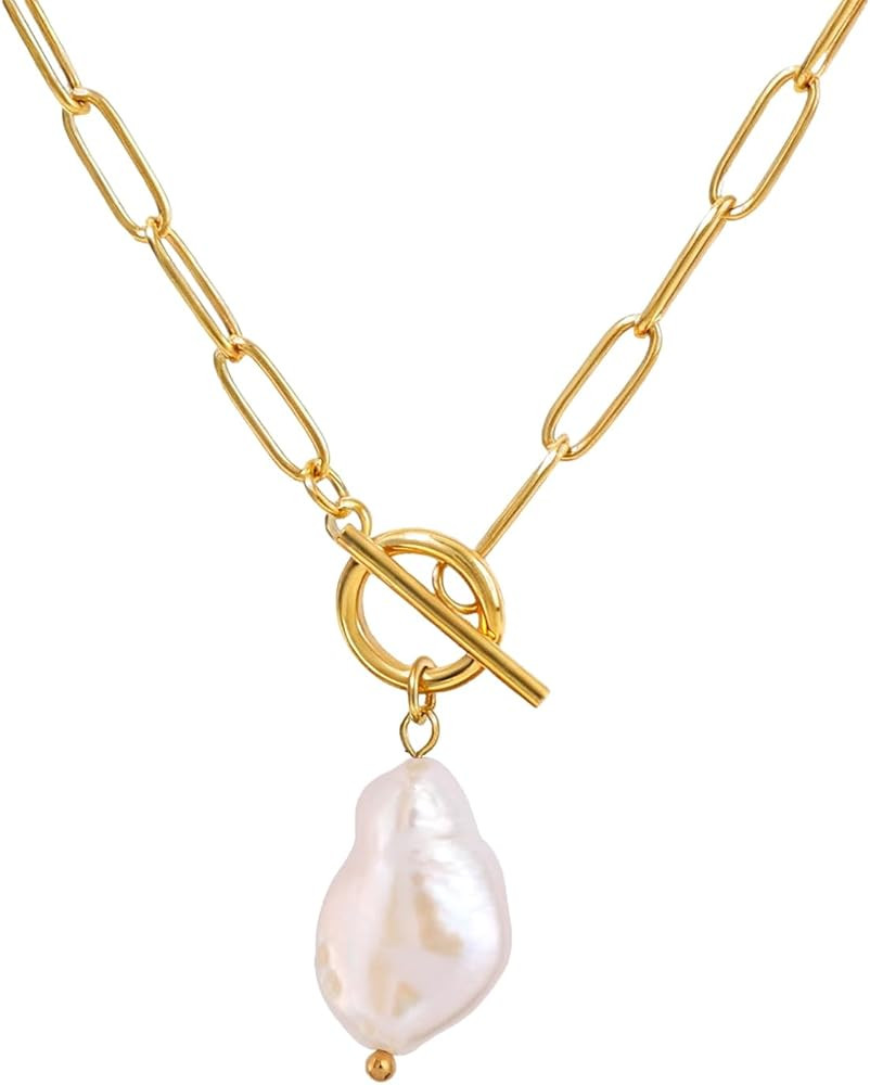 Pearl Gemstone Pendant Paperclip Toggle Necklace 18k Gold Plated Natural Pearl Stone Birthstone C... | Amazon (US)