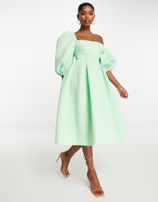 ASOS DESIGN dropped puff sleeve midi skater dress in apple green | ASOS (Global)