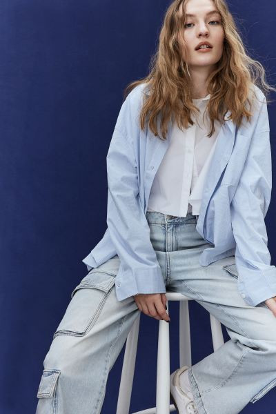 Oversized Cotton Shirt - Long sleeve - Regular length - Light blue/striped - Ladies | H&M US | H&M (US + CA)