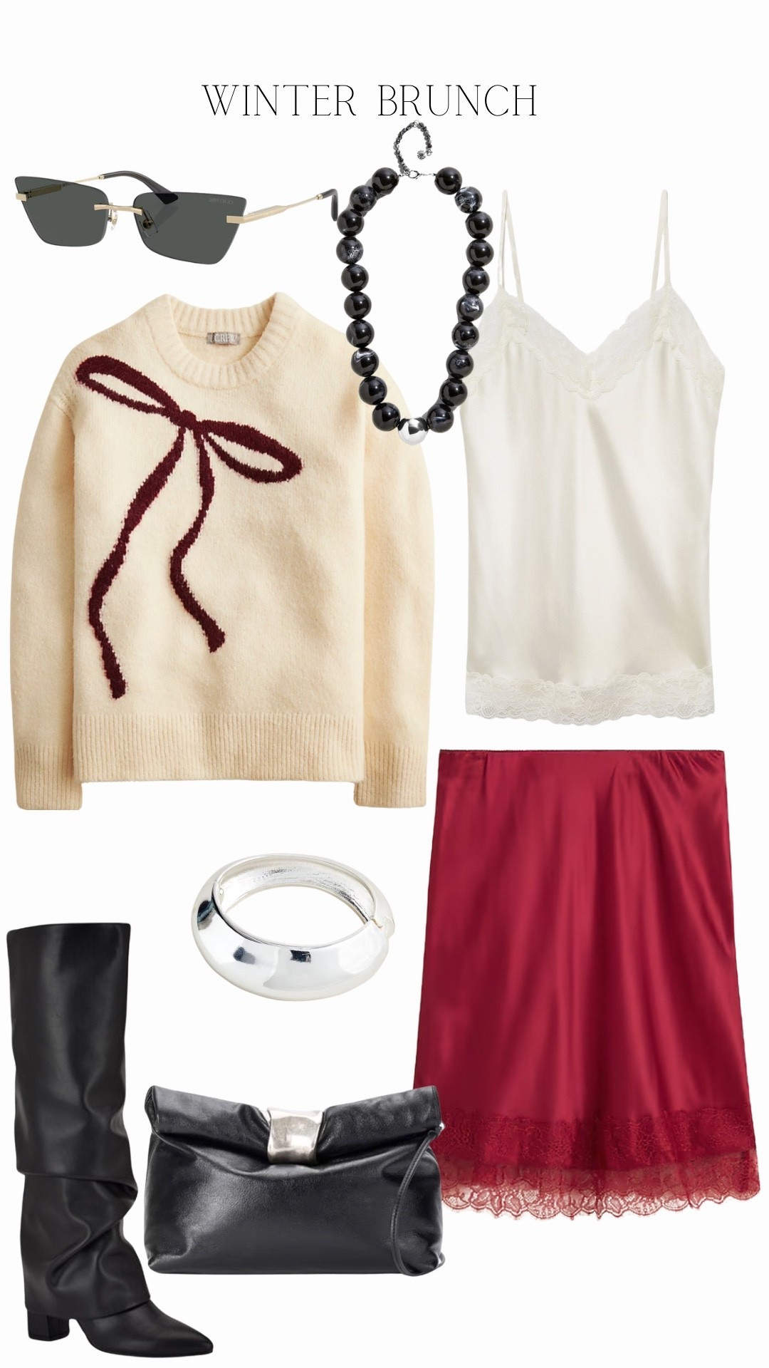 Winter Outfit Inspo
Brunch

White Lace & Silk Top - Intmissimi 
Burgundy Lace Trim Slip Skirt - J.Crew (Gwen Skirt)
Burgundy Bow Print Pullover -  J.Crew
Black Knee High Slouch Block Heel Boot: Guess
Black Leather Cuff Clutch: Staud
Silver Cuff Bracelet: J.Crew
Black Beaded Necklace: Bauble Bar (Jane Necklace)
Gold Framed Sunglasses: Jimmy Choo (JC4012)

#LTKSeasonal #LTKootd #LTKHoliday