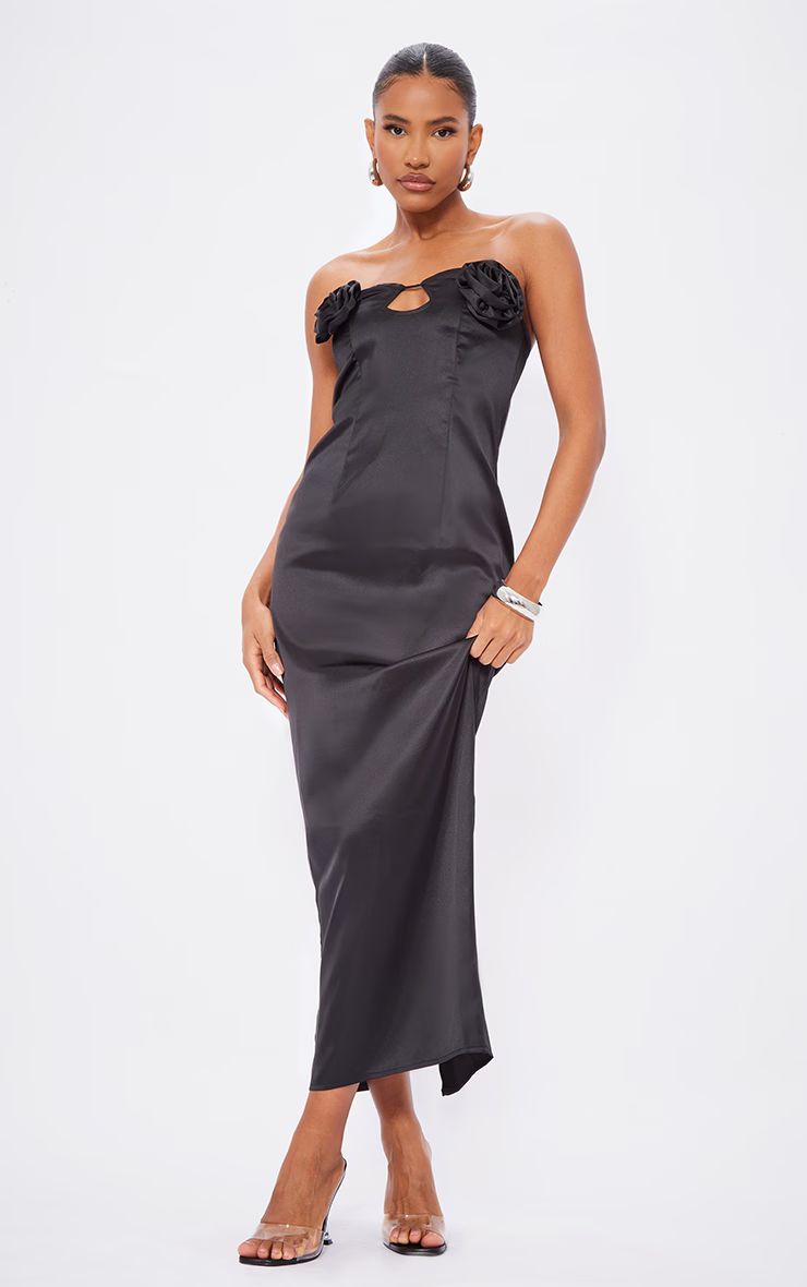 Black Satin Corsage Maxi Dress | PrettyLittleThing UK