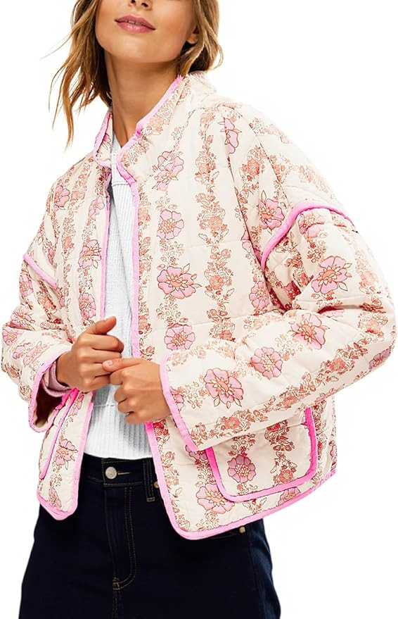 Tankaneo Womens Quilted Lightweight Jackets Floral Print Winter Coats Open Front Cardigan with Po... | Amazon (US)