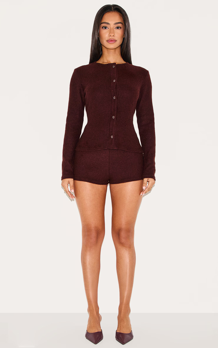 Petite Chocolate Brushed Rib Hotpants | Petite | PrettyLittleThing US