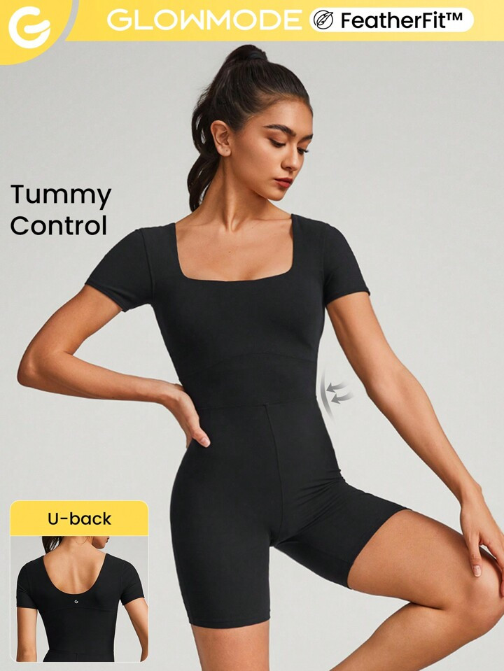 GLOWMODE 6" FeatherFit™ Tummy Control Square Neck U Back Romper Jumpsuit Light Support Low Impa... | SHEIN