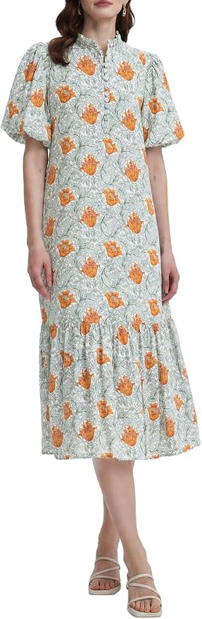 Summer Floral Midi Dress for Women Spring Puff Short Sleeve Button Down Flowy Boho Dresses | Amazon (US)