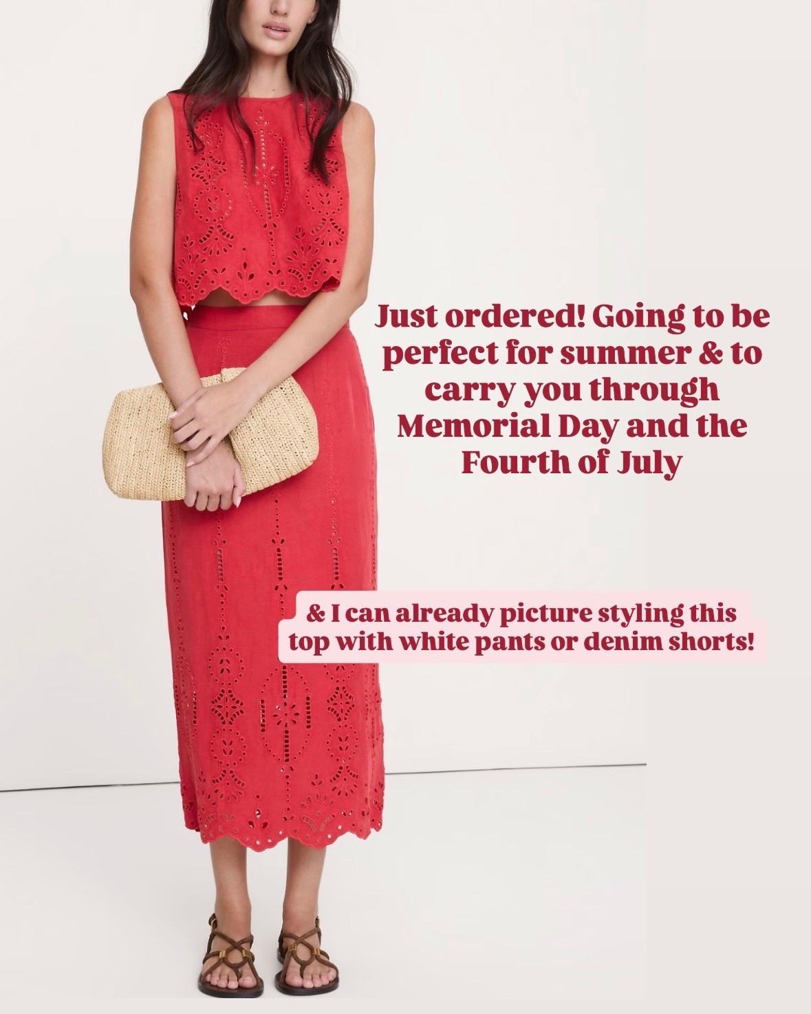 So excited for this red eyelet set to come in! Thought this would be perfect for Memorial Day or July 4th!

Loverly Grey, Memorial Day outfit, July 4th outfit, eyelet, matching set, resort wear 

#LTKSeasonal