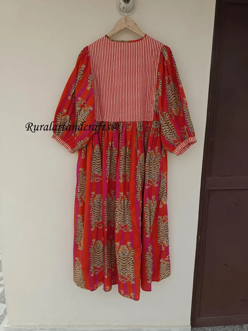 Long Block Print Dress, Deep Neck With String Closer Orange Stripes Tiger Midi Dress, Mini Dress,... | Etsy (US)