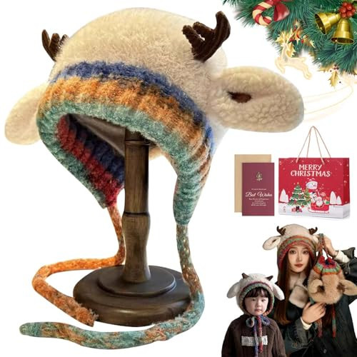 Festive Christmas Antler Hat & Handbag 2-in-1, Cute Funny Knitted Integrated Ear Protection Windproof Cap (#A) | Amazon (US)