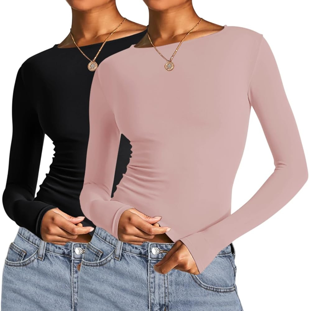 AKEWEI Long Sleeve Crop Tops for Women 2 Pack Fall Going Out Outfits Cute Tight Basic Tees Shirt | Amazon (US)