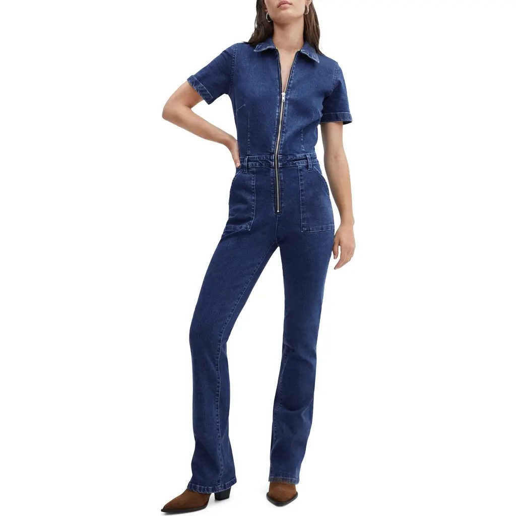 MANGO Short Sleeve Denim Jumpsuit in Dark Blue at Nordstrom, Size Xx-Large | Nordstrom